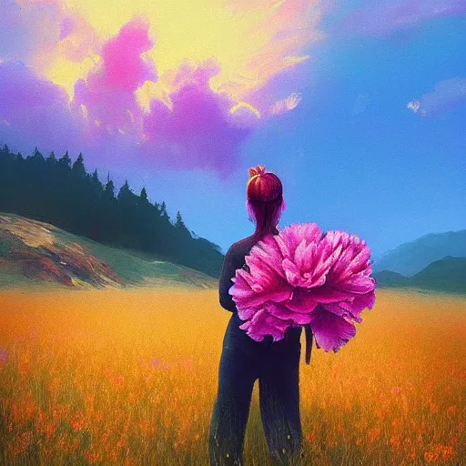 Image similar to giant carnation flower as a head, girl hiking in the mountains, surreal photography, sunrise, dramatic light, impressionist painting, colorful clouds, digital painting, artstation, simon stalenhag