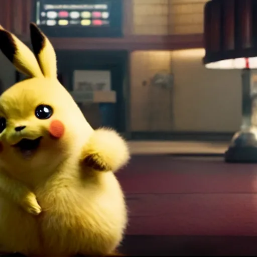 Image similar to movie still of fat detective Pikachu