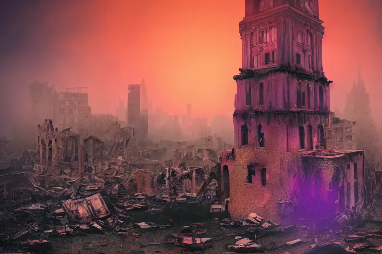 Image similar to Stunning photorealistic background of a city in ruin in a strange purple dimension with a large red sun looming in the distance on a rainy and foggy day, A large tower stands in the center of the crumbling buildings, parallax background