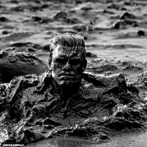 Prompt: the terminator disguised as donald trump, rising out of muddy vietnam river, face covered in mud, low camera angle at water level, night time, film still from apocalypse now ( 1 9 7 9 ), 2 6 mm,