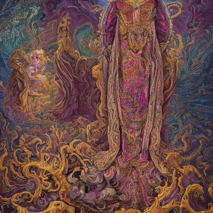 Image similar to beautiful oil painting, full length portrait of dauphinois in baroque coronation robes 1701, Dan Mumford, Dan Mumford, Alex grey, hyacinthe rigaurd, highly detailed , lsd visuals, dmt fractal patterns, hallucinogen, visionary art, psychedelic art, ornate, vaporwave, baroque, Greg rutkowski