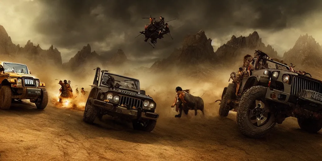 Image similar to Mahindra thar, tribe members attacking, action scene, an epic fantasy, dramatic lighting, cinematic, establishing shot, extremely high detail, photorealistic, cinematic lighting, artstation, by christopher nolan, shadow of the tomb rider