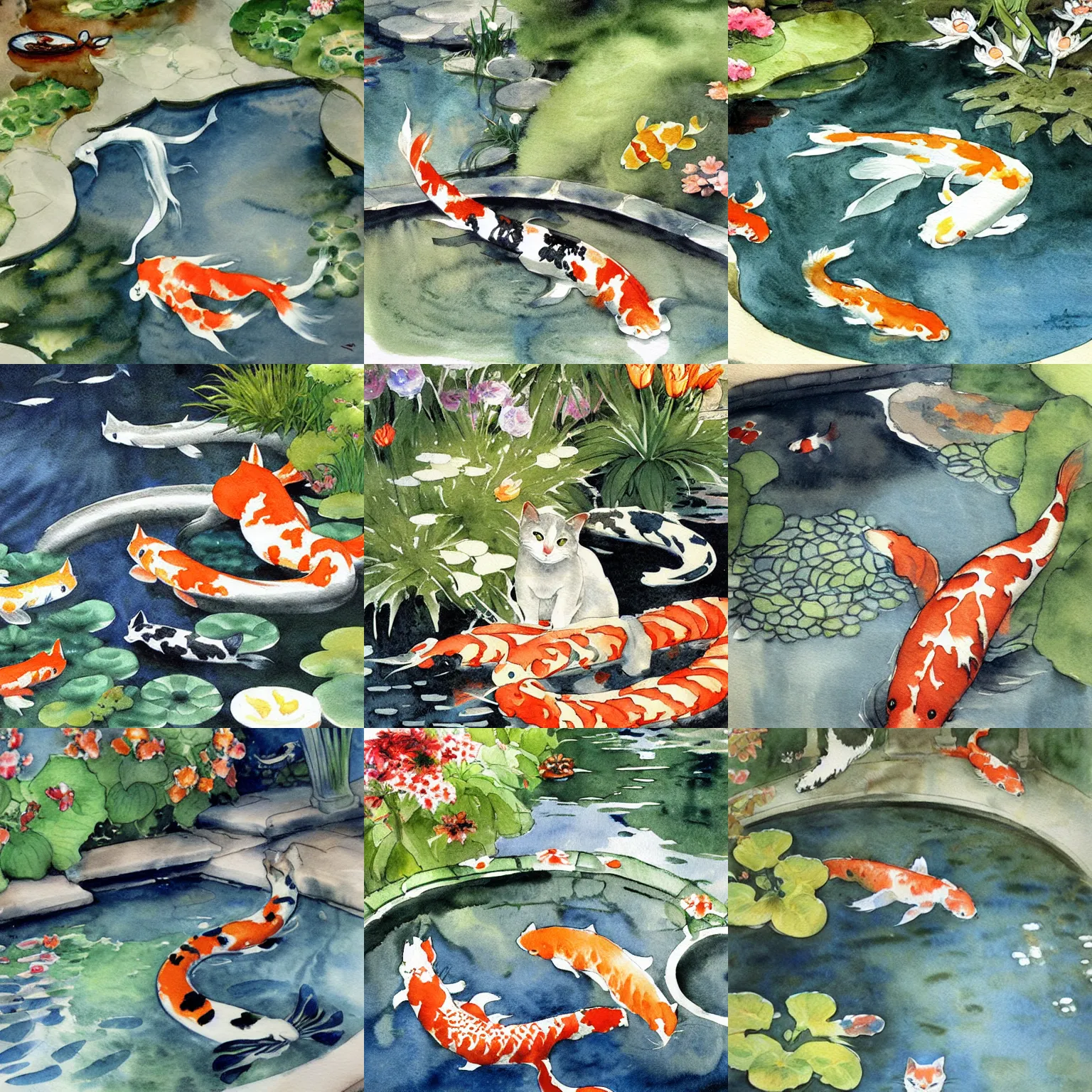 Prompt: cat and koi pond, intricate watercolor illustration by john singer sargent