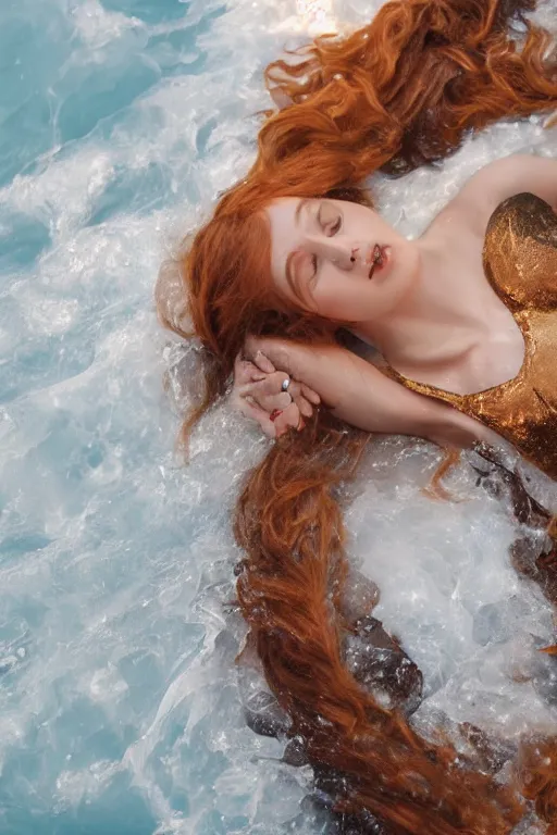 Image similar to A girl with a golden body, red hair, bronze eyes, lies in white water, marble background, bright light, Anachronism, Photorealism, 4k