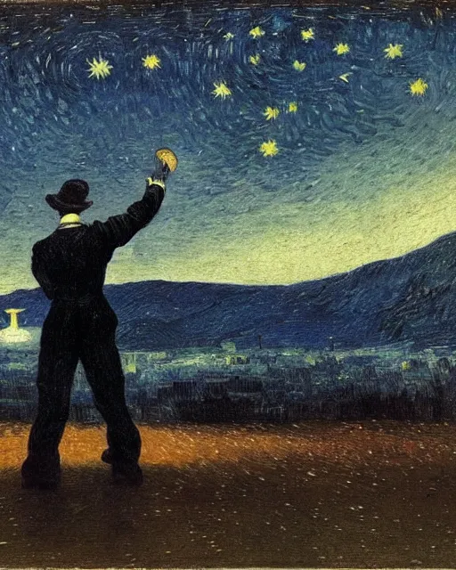 Image similar to a person looking at the night sky with stars, colorful, beautiful, national geographic, very detailed, astrophotography, oil painting, canvas, Vincent van Gogh, Caspar David Friedrich, Theodor Kittelsen, Albert Bierstadt