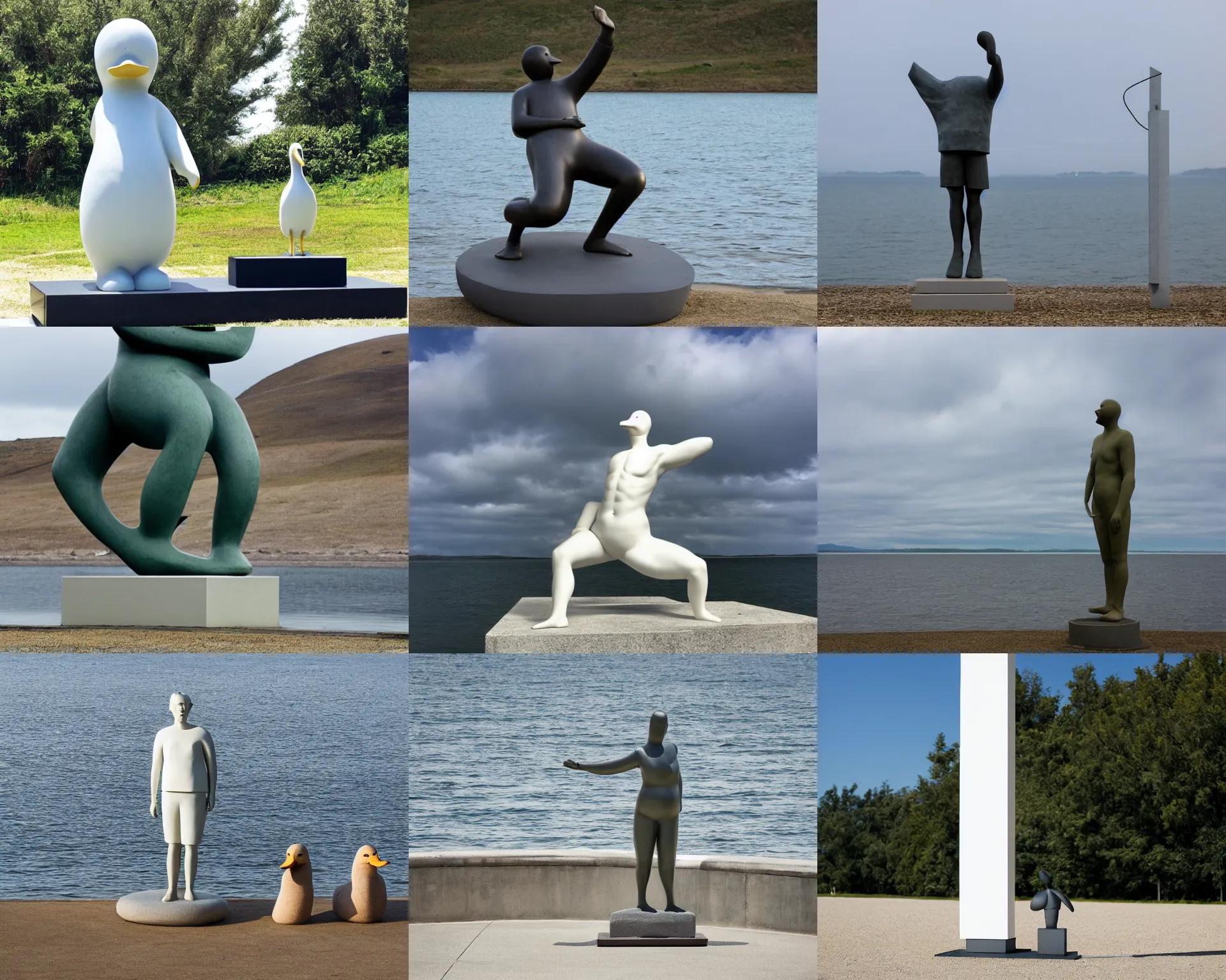 Prompt: duck duck goose giant statue standing pose by dieter rams at cloudy shore