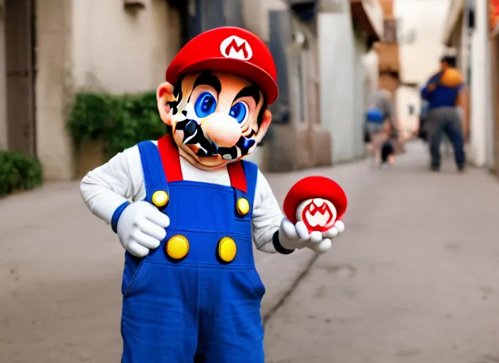 Prompt: super mario as a drug dealer selling a magical mushroom in the alleys of los angeles, super mario in real life, red hat, blue overalls, canon eos r 3, f / 1. 4, iso 2 0 0, 1 / 1 6 0 s, 8 k, raw, unedited, symmetrical balance, wide angle