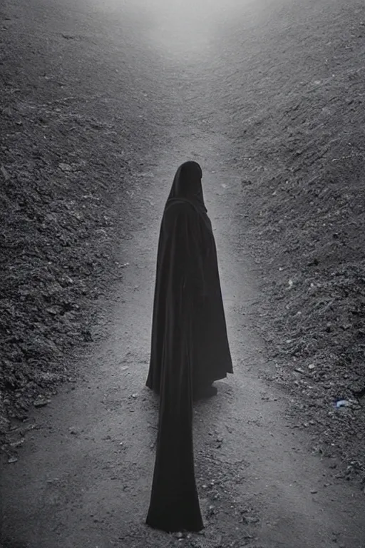 Prompt: a film still of a girl wearing long futuristic dark cloak by yohji yamamoto standing in a shadow sense of mystery, muted colors, simple shapes, long shot, full shot, by bill henson, by gregory crewdson, golden ratio, perfect composition, dramatic, fine detail, intricate