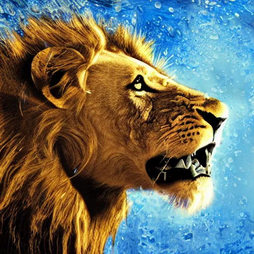 Image similar to a male lion's face breaching through a wall of water, water sprites, splashing, deep blue water color, highly detailed, realistic digital art