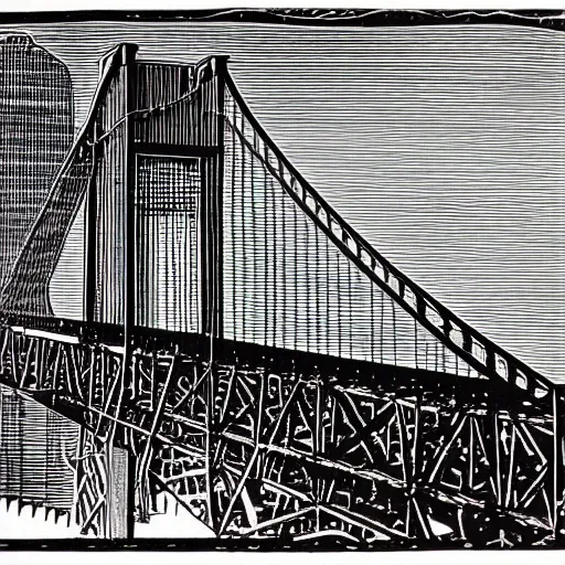 Image similar to steel suspension bridge built in 1 9 2 8, side view, woodcut style,