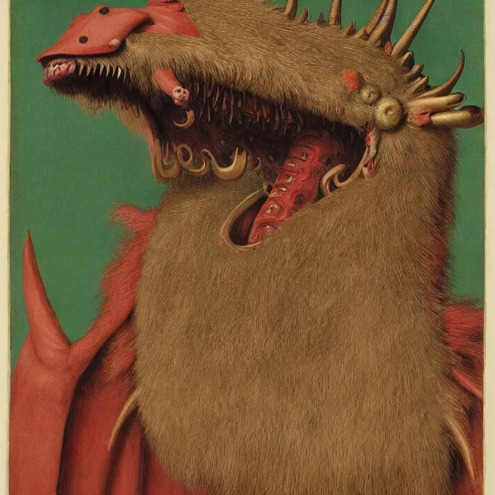 Image similar to close up portrait of an overdressed mutant monster creature with snout, horns, insect wings, unibrow, piercing eyes, toxic smile. jan van eyck, walton ford