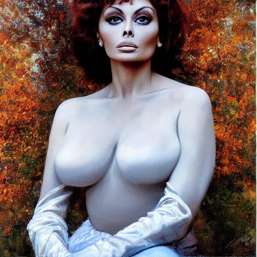 Prompt: stunning serene portrait of Sophia Loren by Mark Arian, oil on canvas, masterpiece, realism, piercing gaze, autumn bokeh