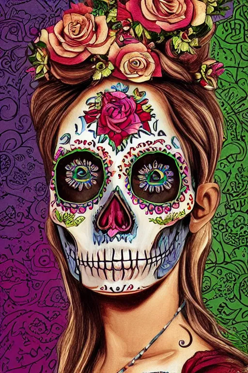 Prompt: illustration of a sugar skull day of the dead girl, art by antoine verney carron