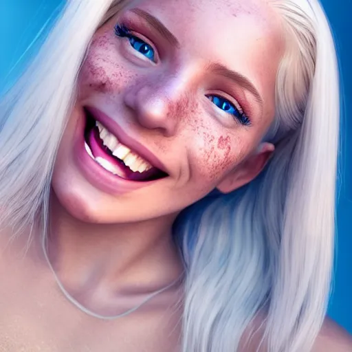 Image similar to beautiful hyperrealism selfie of a cute 3 d young woman smiling smugly, long light platinum blonde hair, flushed face, small heart - shaped face, cute freckles, light blue eyes, golden hour, 8 k, instagram