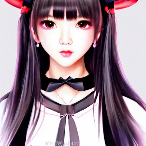 Image similar to realistic detailed semirealism beautiful gorgeous cute Blackpink Lalisa Manoban wearing Japanese school uniform, black hair black cat ears, black leather choker, proportional body, WLOP, Aztodio, Taejune Kim, sakimichan, ArtGerm, Pixiv, Instagram, Artstation