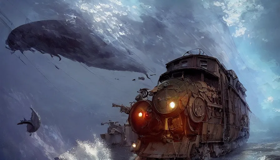 Image similar to craig mullins and ghibli digital illustration of a long train dragon in deep ocean unreal engine, hyper realism, realistic shading, cinematic composition, realistic render, octane render, detailed textures, photorealistic, wide shot