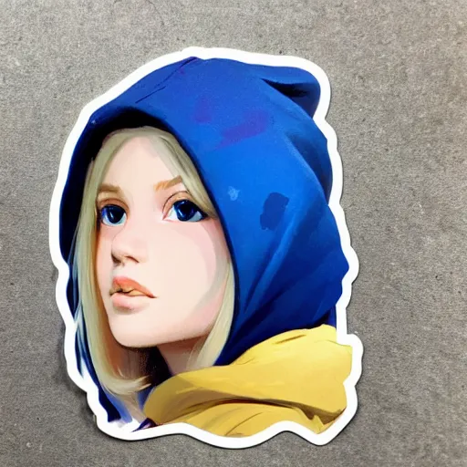 Image similar to greg manchess portrait sticker of a beautiful teen girl with blonde hair, wearing a blue hoodie, medium shot, asymmetrical, swedish, sticker, profile picture, organic painting, matte painting, bold shapes, hard edges, street art, trending on artstation, by huang guangjian and gil elvgren and sachin teng