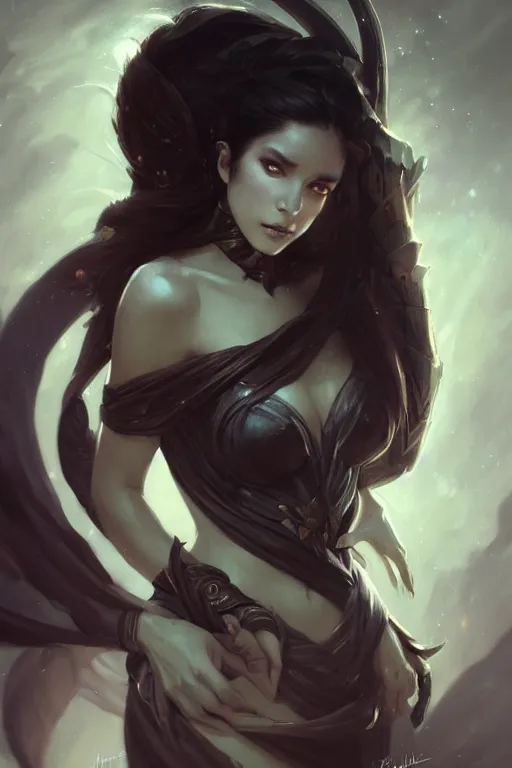 Prompt: portrait of Kalista from League of Legends, dreamy and ethereal and dark, dark eyes, smiling expression, dark fantasy, chaotic, elegant, highly detailed, digital painting, artstation, concept art, smooth, sharp focus, illustration, art by artgerm and greg rutkowski and alphonse mucha