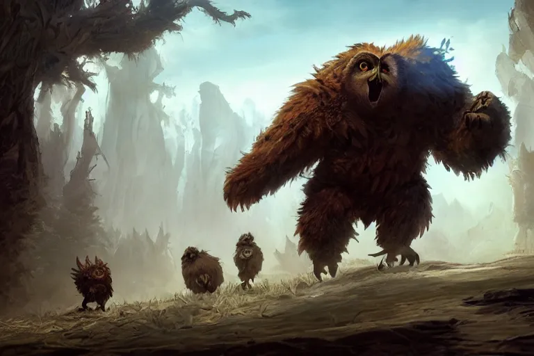 Prompt: An awesome painting of an intimidating large owlbear encounter, video game concept art by Wizards of the Coast, Magic The Gathering, Blizzard, Games Workshop, Greg Rutkowski, Craig Mullins, WETA, Elder Scrolls.