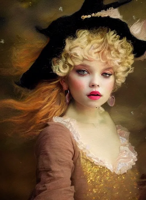 Prompt: cute little witch in an oil painting by jean - honore fragonard, portrait, realistic hair, intricate details, beautiful face, starry background, sparkles, glitter, a black cat epic lighting, soft vibes, cinematic, realistic, detailed