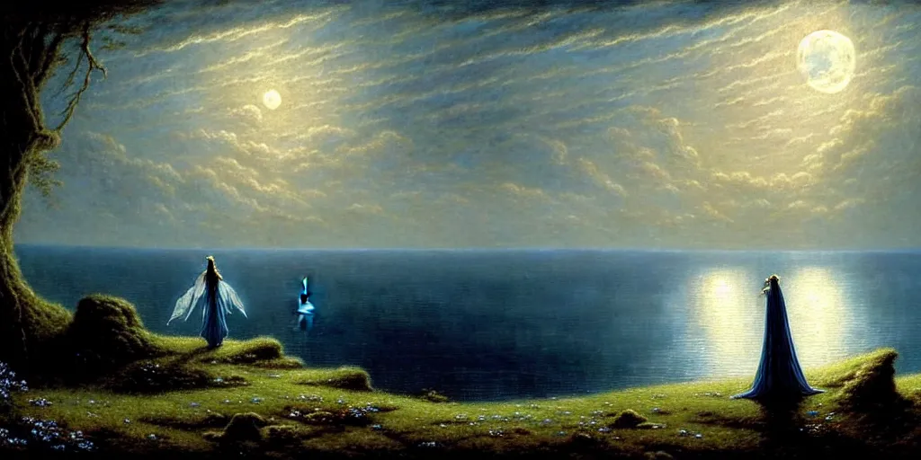 Prompt: an elegant fairy queen in a blue lace dress dancing looking out at a lord of the rings scenery landscape, staring across the sea at a white timber sail boat, evening, highly detailed, vivid colour, soft clouds, full moon, cinematic lighting, perfect composition, gustave dore, derek zabrocki, greg rutkowski, belsinski