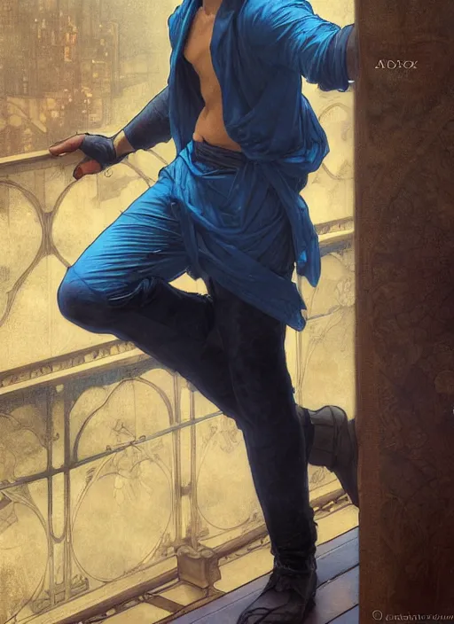 Prompt: handsome young man with short black hair, male, dressed in blue, looking down, half body shot, arms down, path traced, highly detailed, high quality, digital painting, bastien lecouffe - deharme, alphonse mucha, art nouveau, posuka demizu