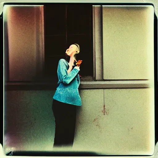 Image similar to colorful instant photograph of a short hair woman smoking in the street, leaning on the wall, polaroid, light leak, raw, nostalgic