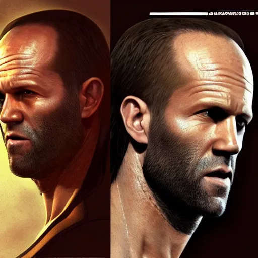 Prompt: jason statham with long hair and a ponytail, 3 d renderhighly detailed, ray tracing, artstation, concept art, smooth, sharp focus, illustration, art by artgerm and greg rutkowski and alphonse mucha, 8 k