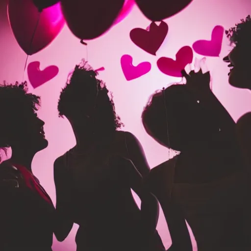 Prompt: silhouette of silly young women at a party having fun and holding balloons with pink hearts in the air