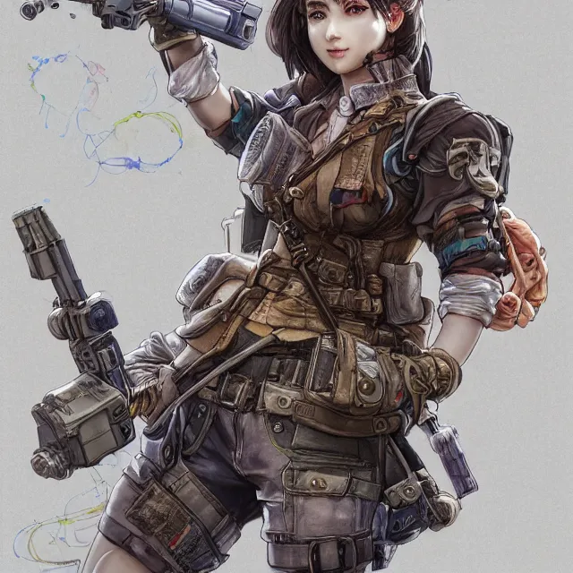 Image similar to the portrait of lawful neutral semi - colorful female infantry gunner as absurdly beautiful, gorgeous, elegant, young gravure idol, an ultrafine hyperdetailed illustration by kim jung gi, irakli nadar, intricate linework, bright colors, octopath traveler, final fantasy, unreal engine 5 highly rendered, global illumination, radiant light, detailed and intricate environment