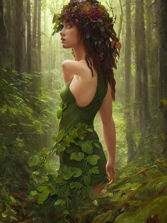 Prompt: portrait of a forest mage, female, skintight dress made of green leaves, gorgeous, green hair, brown skin, curves, forest background, matte painting, artgerm and greg rutkowski and alphonse mucha