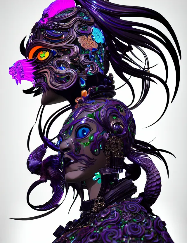 Image similar to 3 d goddess close - up profile portrait cyberpunk with ram skull. beautiful intricately detailed japanese crow kitsune mask and clasical japanese kimono. betta fish, jellyfish phoenix, bio luminescent, plasma, ice, water, wind, creature, artwork by tooth wu and wlop and beeple and greg rutkowski