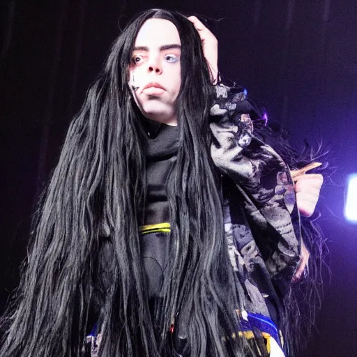 Prompt: photo of billie eilish with black hair jumping onto stage