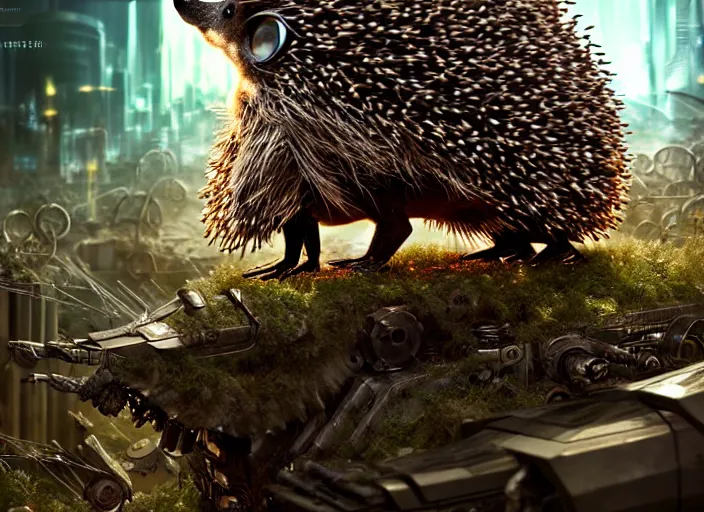 Image similar to portrait of a intricate hedgehog cyborg, on the background of a weird magical mechanical forest. Very detailed 8k. Fantasy cyberpunk horror. Sharp. Cinematic post-processing. Unreal engine. Nanite. Ray tracing. Parallax. Tessellation