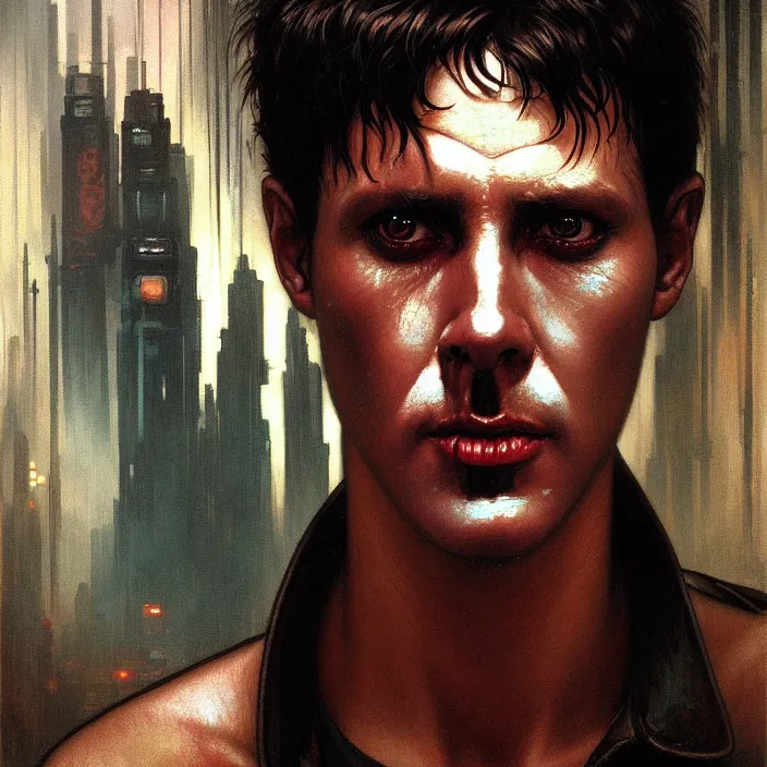 Image similar to excellent painted portrait of a replicant street vendor from blade runner (1982), cyberpunk blade runner art, character artwork, 8k resolution artwork, trending on artstation, detailed oil painting portrait, art by artgerm and greg rutkowski and alphonse mucha and craig mullins and James Jean and Andrei Riabovitchev and Marc Simonetti and peter mohrbacher, matte painting