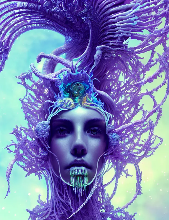 Image similar to goddess macro close - up portrait wigh crown made of ram skull. betta fish, jellyfish phoenix, bioluminiscent, plasma, ice, water, wind, creature, super intricate ornaments artwork by tooth wu and wlop and beeple and greg rutkowski