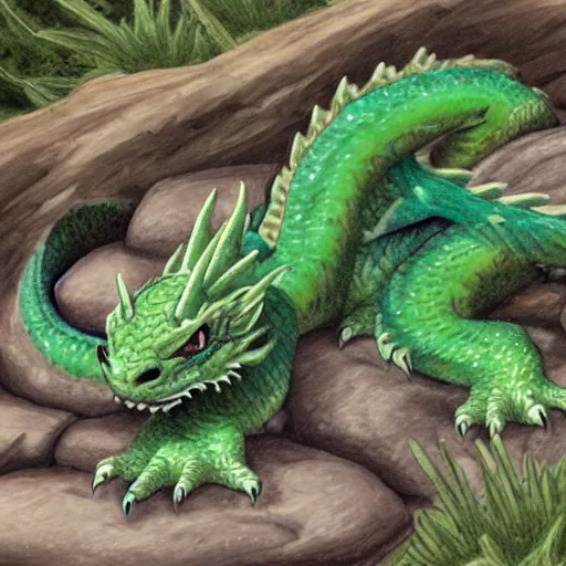 Prompt: an illustration of a western style green dragon sleeping on a rock