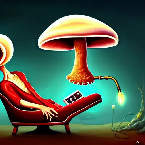 Prompt: painting of a mushroom alien sitting in a recliner by the fire smoking a pipe and wearing a soft robe and slippers, elegant intricate digital painting, trending on artstation, by normal rockwell