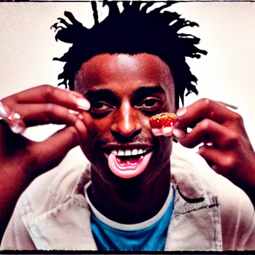 Image similar to a realistic photo of playboi carti eating a burger, film grain, vintage photo, high contrast