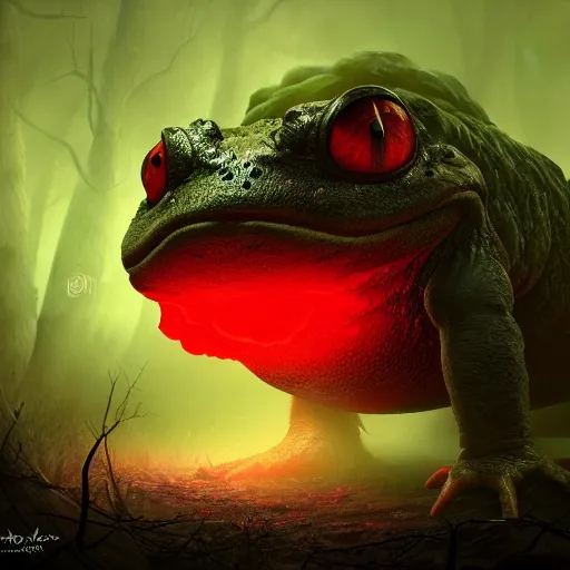 Image similar to giant evil monsterous toad in the dark forest, glowing red eyes, toads, foggy, atmospheric, highly detailed, hyperrealistic, gothic horror, trending on artstation, digital art, dark fantasy