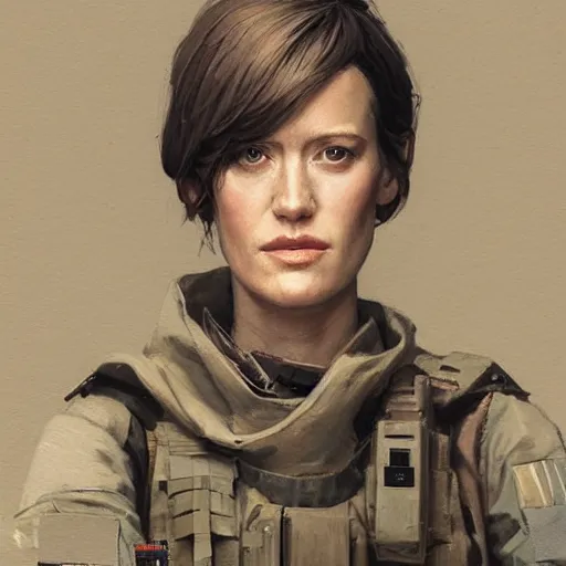 Image similar to portrait of a woman by greg rutkowski, she looks like mackenzie davis but old, impeccable military composure, wearing tactical gear of the galactic alliance, star wars expanded universe, she is about 6 0 years old, highly detailed portrait, digital painting, artstation, concept art, smooth, sharp foccus ilustration, artstation hq