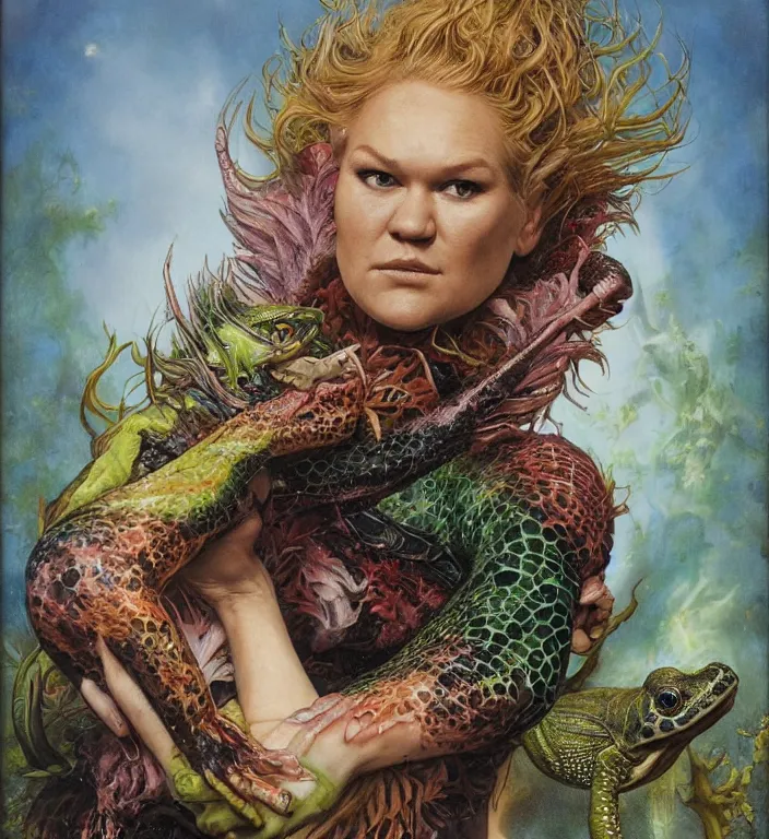 Image similar to a portrait photograph of julia stiles as a colorful harpy super hero with slimy reptile skin. she is trying on a amphibian organic wetsuit and transforming into a feathered alien beast. by tom bagshaw, donato giancola, hans holbein, walton ford, gaston bussiere, peter mohrbacher and brian froud. 8 k, cgsociety