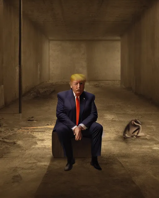 Image similar to a headshot portrait of Donald trump wearing a orange jumpsuit, sitting on the floor of a filthy rat infested concrete jail, dimly lit, volumetric lighting, in jail by craig mullins and Annie Leibowitz, octane, 8k,