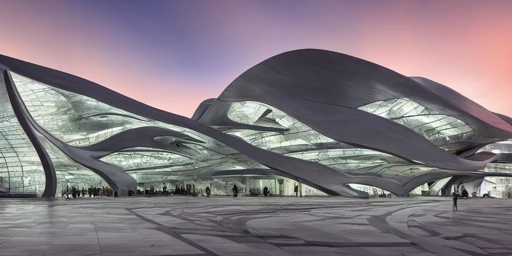 Image similar to extremely detailed stunning sophisticated beautiful elegant futuristic museum exterior by Zaha Hadid, Milan buildings in the background, smooth curvilinear design, stunning volumetric light, stainless steal, concrete, translucent material, beautiful sunset, tail lights