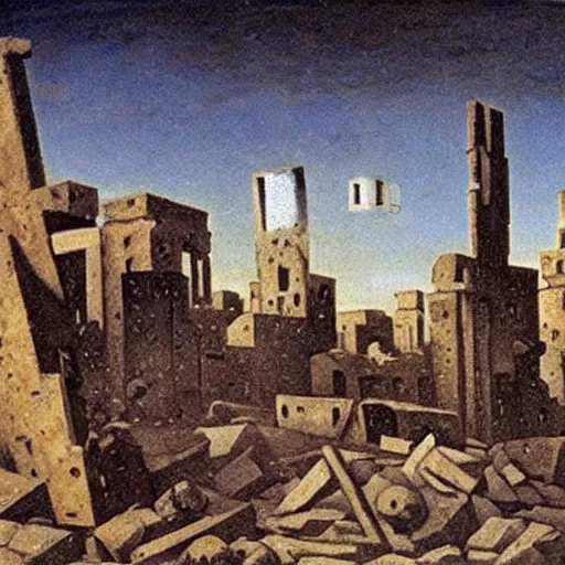 Image similar to the ruins of an old overgrown city at the end of times painting by de chirico