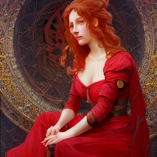 Image similar to portrait of red queen, intricate, elegant, highly detailed, digital painting, artstation, concept art, smooth, sharp focus, illustration, art by artgerm and greg rutkowski and alphonse mucha and william - adolphe bouguereau