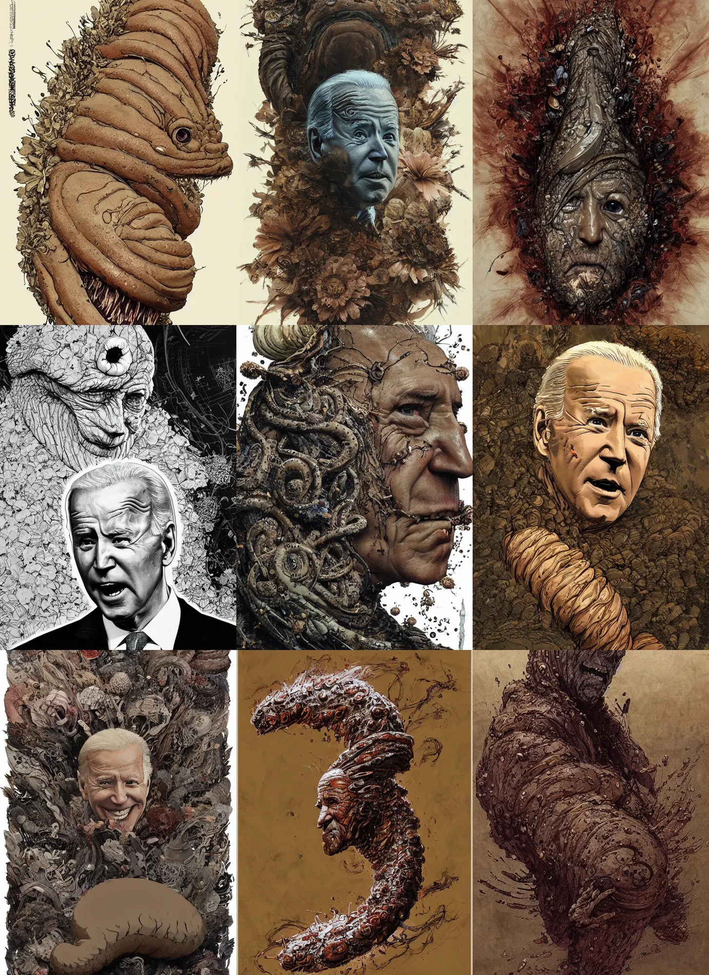 Prompt: joe biden as a giant slimey brown slug with the face of joe biden, by tsutomu nihei, emil melmoth, zdzislaw belsinki, Craig Mullins, yoji shinkawa, trending on artstation, flowers of hope by Jean-Honoré Fragonard, Peter mohrbacher, hyper detailed, insane details, intricate, elite, art nouveau, ornate, liquid wax, elegant, luxury, full body, lovely, romantic, passionate, CGsociety, hypermaximalist, golden ratio, environmental key art, octane render, weta digital, ray trace, 8k, symmetrical