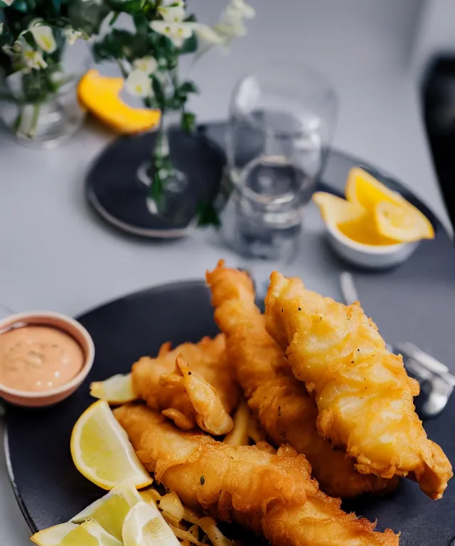 Prompt: high quality presentation photo of a plate of fish & chips, photography 4k f1.8 anamorphic bokeh 4k Canon Nikon