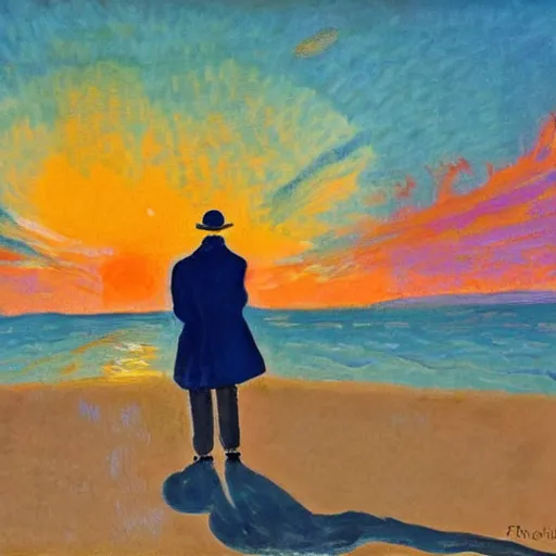 Image similar to a fauvist painting of a man holding his coat, on an empty beach at sunrise, long shadows,