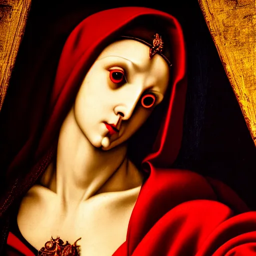 Image similar to close up portrait of the goddess of blood in silk robes of blood, cultists watching, red hoods, candle lights, renaissance, baroque, gothic, high detail, dark lighting, atmospheric, extremely detailed, intricate, da vinci, michelangelo, caravaggio, 8 k